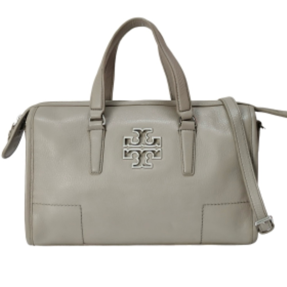 TORY BURCH BRITTEN TUMBLED LEATHER HANDBAG IN FRENCH GREY GOOD CONDITION